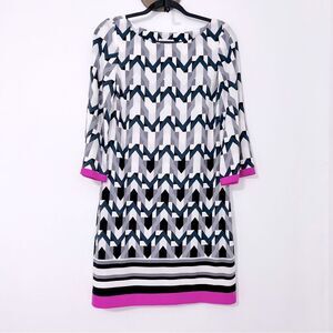 Eliza J Geometric Print Shift Dress Pink Trim 3/4 Sleeve Classic